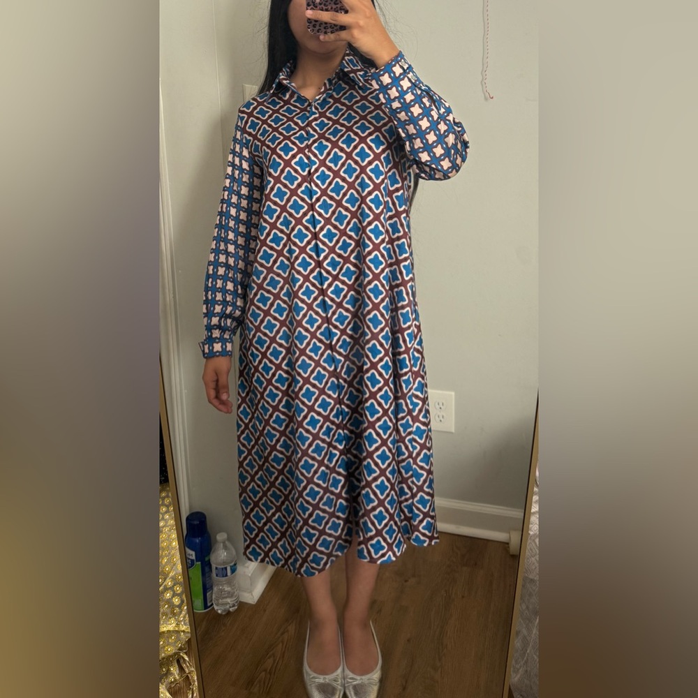 Blue and Brown Geometric Pattern Dress